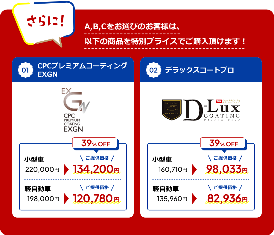 さらにA,B,Cをお選びのお客様は、以下の商品を特別プライスでご購入頂けます！ 01 CPCプレミアムコーティングEXGN、02 デラックスコートプロ